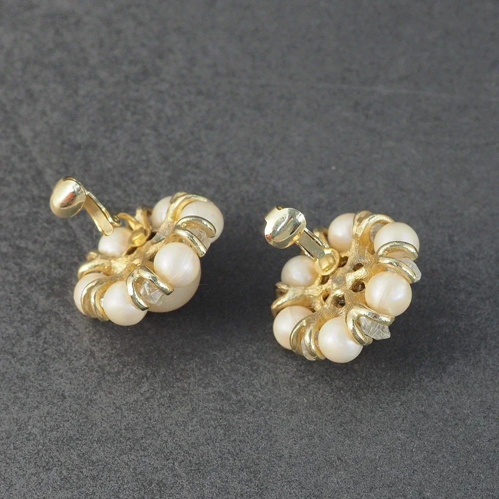 Coro Clip On Earrings Cluster Gold Tone Faux Pearl Dome Cabochon Vintage Signed